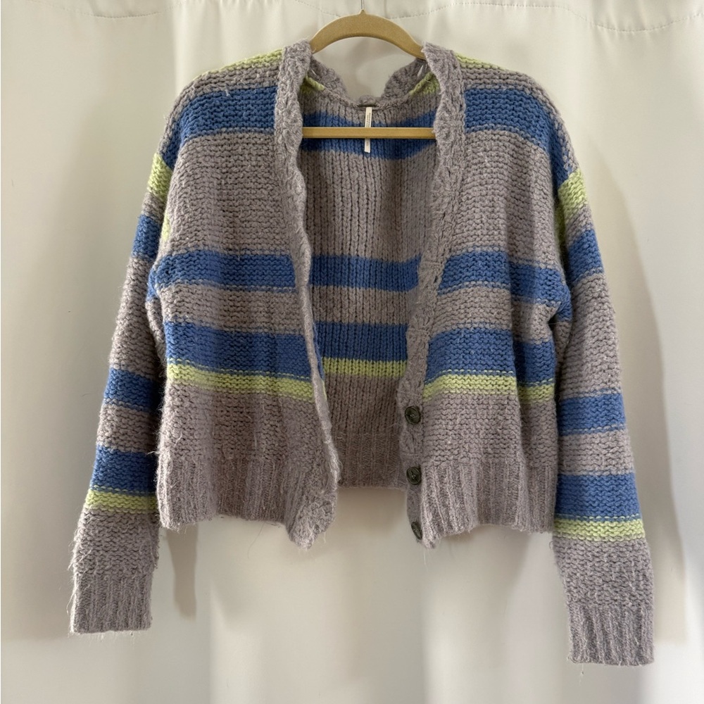 Free People Gray and Blue Striped Cardigan